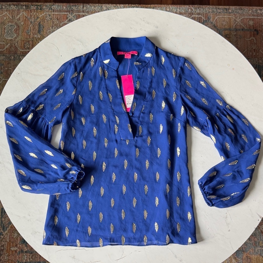 Lilly Pulitzer Royal Blue Blouse with Gold Leaf Pattern - Picture 12 of 16